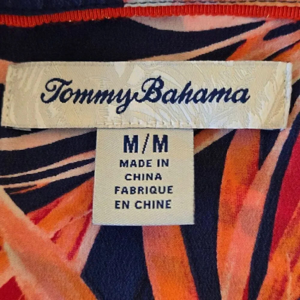Tommy Bahama Womens Long Sleeve Tropical Silk Blouse Coral Navy Blue Medium
